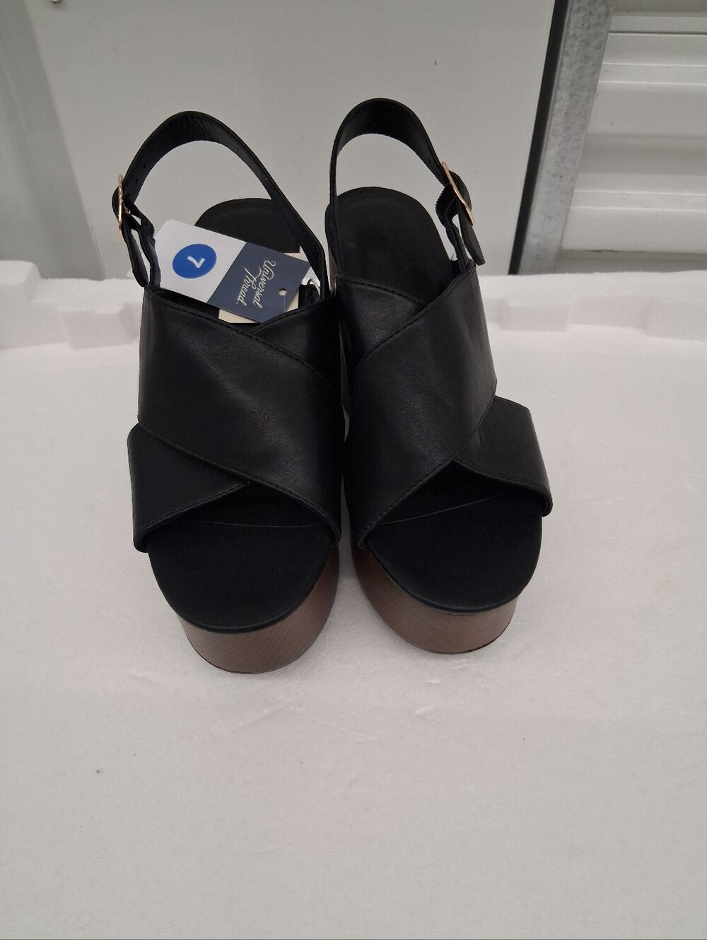 Women's Black Platform Slingback Sandals with Wood-Effect Sole